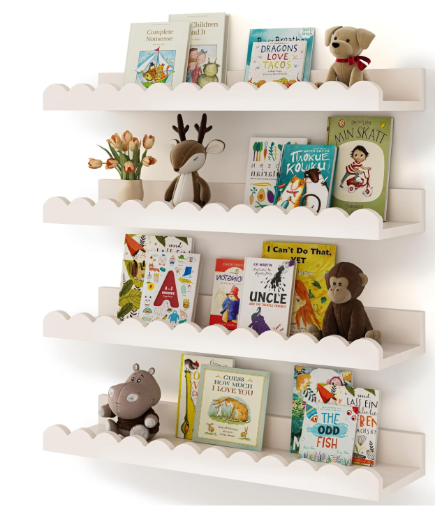 Book Shelves, 4-Pack White Floating Shelves for Wall Kids, Scalloped Shelves, Wall Book Shelves for Bedroom Kids