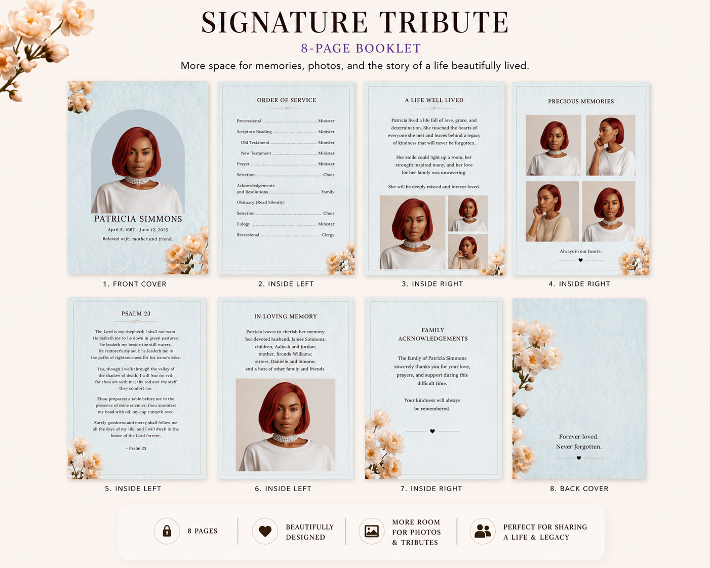 Signature Tribute custom funeral program featuring a personalized memorial design with elegant layouts, cherished photos, and heartfelt storytelling.