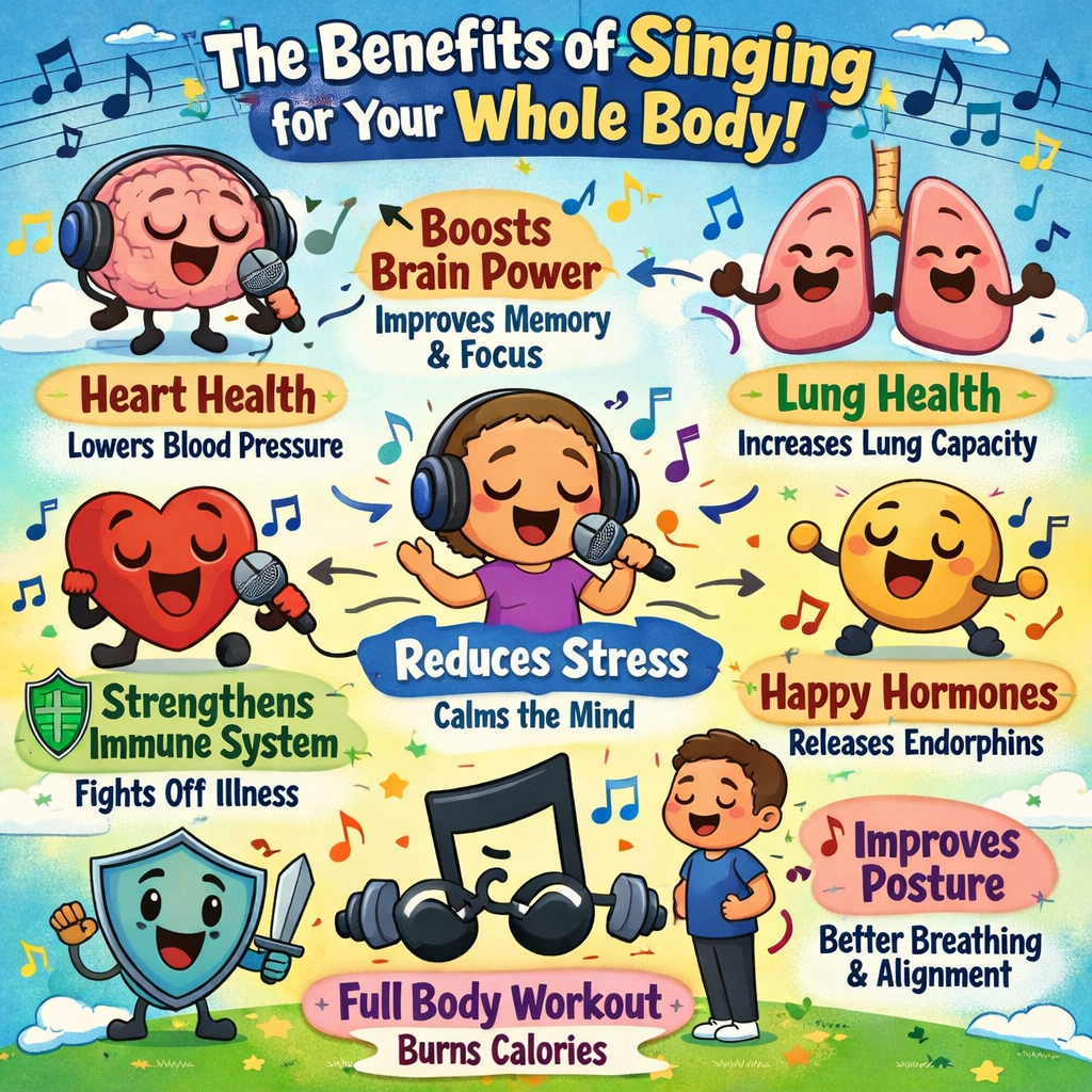 Colorful infographic showing the benefits of singing for the whole body, including boosting brain power, improving memory and focus, supporting heart health, increasing lung capacity, reducing stress, strengthening the immune system, releasing happy hormones, improving posture, and providing a full body workout.