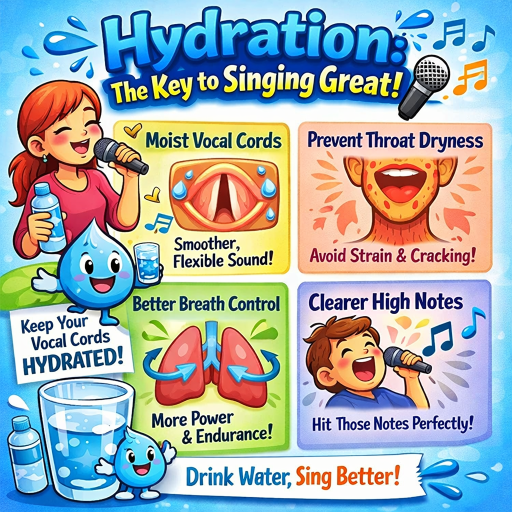 Colorful cartoon-style infographic titled “Understanding Vocal Tone” featuring a girl singing with headphones in the center. The image explains different types of vocal tone: bright (crisp and clear) shown with a smiling sun, warm (rich and smooth) with a cup of coffee, breathy (soft and airy) with a cloud, and dark (deep and resonant) with a bat. Additional elements highlight vocal qualities like sharp and ringing, full and mellow, wispy sound, deep and powerful, and voice placement, encouraging viewers to “Find Your Tone.