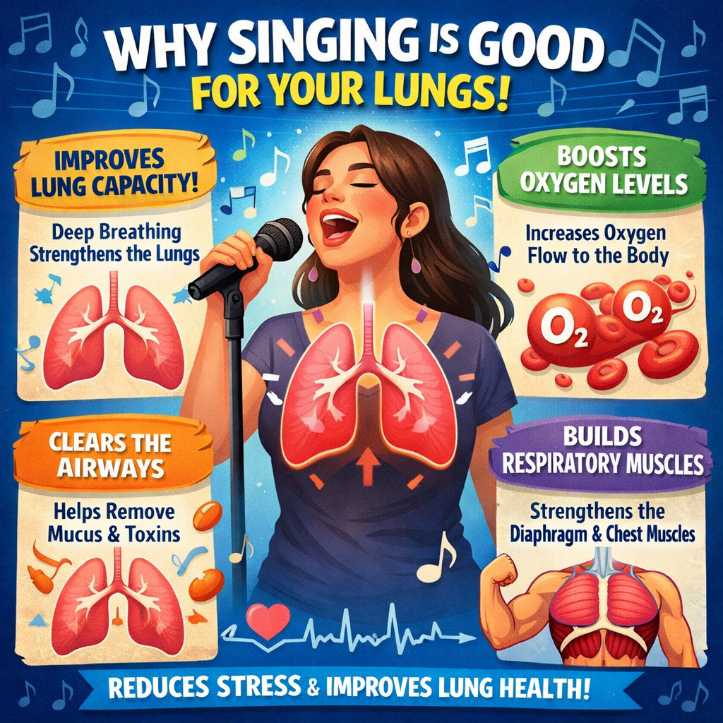Diagram showing how singing improves lung capacity, strengthens respiratory muscles, and supports healthy breathing for singers and vocalists.