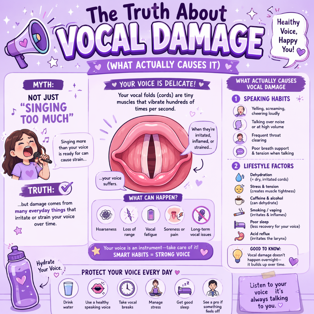 Purple educational infographic titled ‘The Truth About Vocal Damage (What Actually Causes It).’ It explains that vocal damage isn’t just from singing too much but from daily habits like yelling, poor breath support, dehydration, stress, and smoking. Includes a diagram of vocal cords, symptoms like hoarseness and vocal fatigue, and tips for vocal care such as hydration, rest, and healthy speaking habits.