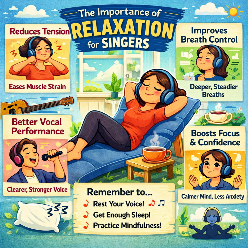 A colorful cartoon-style infographic titled “The Importance of Relaxation for Singers.” In the center, a relaxed woman wearing headphones reclines on a lounge chair with her hands behind her head, eyes closed, and a peaceful smile. Around her are illustrated panels showing benefits of relaxation: reducing tension and easing muscle strain, improving breath control with deeper, steadier breaths, enhancing vocal performance for a clearer, stronger voice, and boosting focus and confidence with a calmer mind and less anxiety. Additional visuals include a guitar, a cup of tea on a small table, a pillow symbolizing sleep, and a person meditating. At the bottom, a reminder reads: “Rest Your Voice! Get Enough Sleep! Practice Mindfulness!