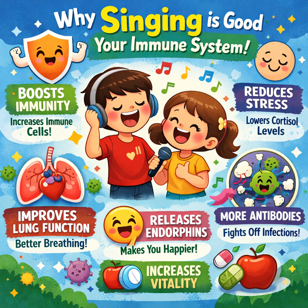 Educational cartoon-style infographic titled “Why Singing is Good for Your Immune System.” The image shows two happy children singing into a microphone with musical notes around them. Surrounding illustrations highlight the benefits of singing, including boosting immunity, reducing stress by lowering cortisol levels, improving lung function for better breathing, releasing endorphins that make you happier, increasing antibodies to fight infections, and increasing overall vitality. Bright, colorful icons such as lungs, a shield, smiling faces, germs, fruit, and vitamins visually represent the health benefits of singing.