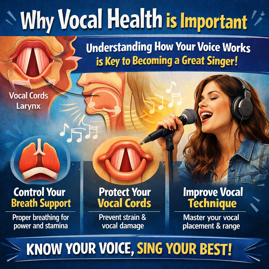 Infographic illustrating the importance of vocal health for singers, highlighting techniques to protect the voice, maintain strong vocal cords, and prevent strain or injury.