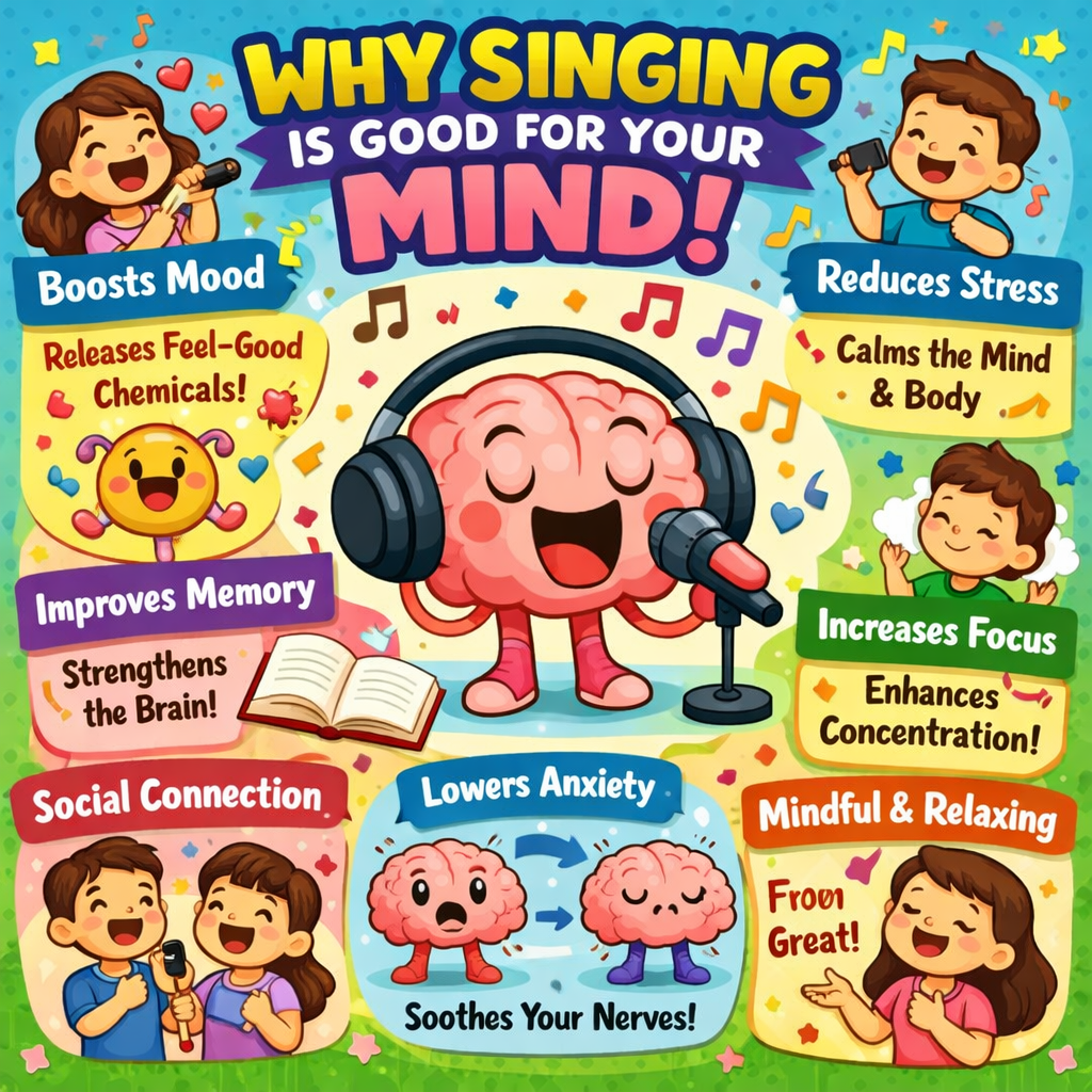 Colorful cartoon-style infographic titled “Why Singing Is Good for Your Mind!” featuring a smiling brain wearing headphones and singing into a microphone. Surrounding illustrations show children singing and icons highlighting benefits such as boosting mood, reducing stress, improving memory, increasing focus, lowering anxiety, and encouraging social connection.