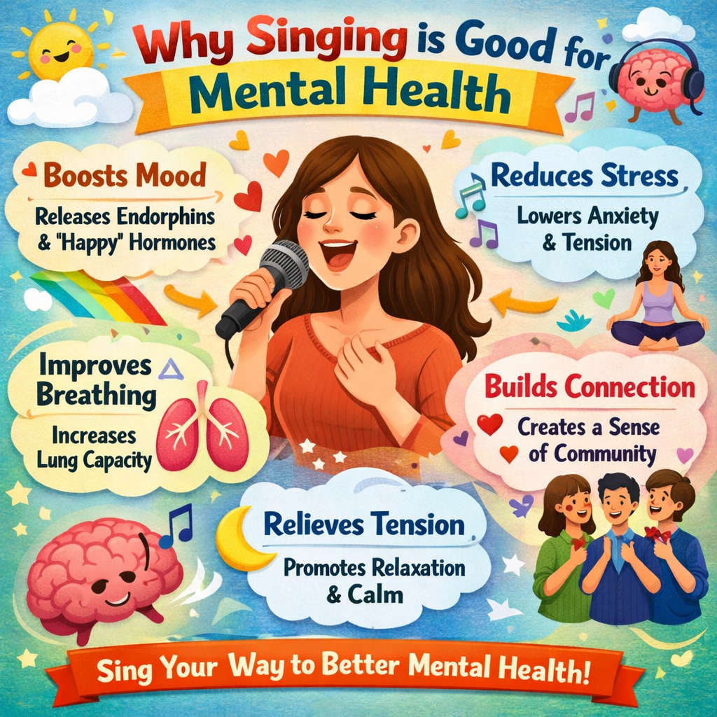 Person singing joyfully with eyes closed, symbolizing the mental health benefits of singing, including stress relief, mood improvement, and emotional wellbeing.
