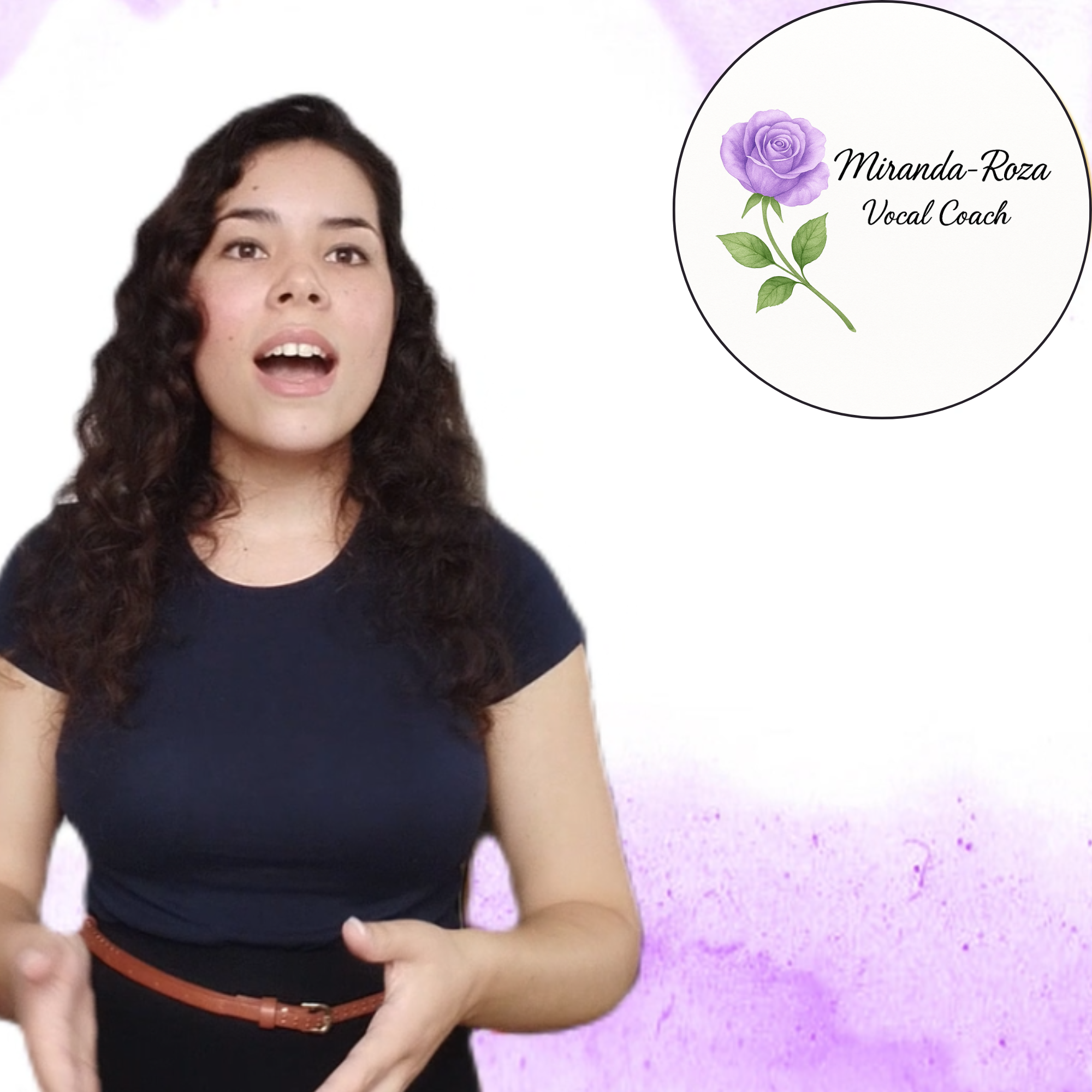 Vocal coach Miranda-Roza speaking with logo featuring a purple rose, representing professional singing lessons and vocal training brand.