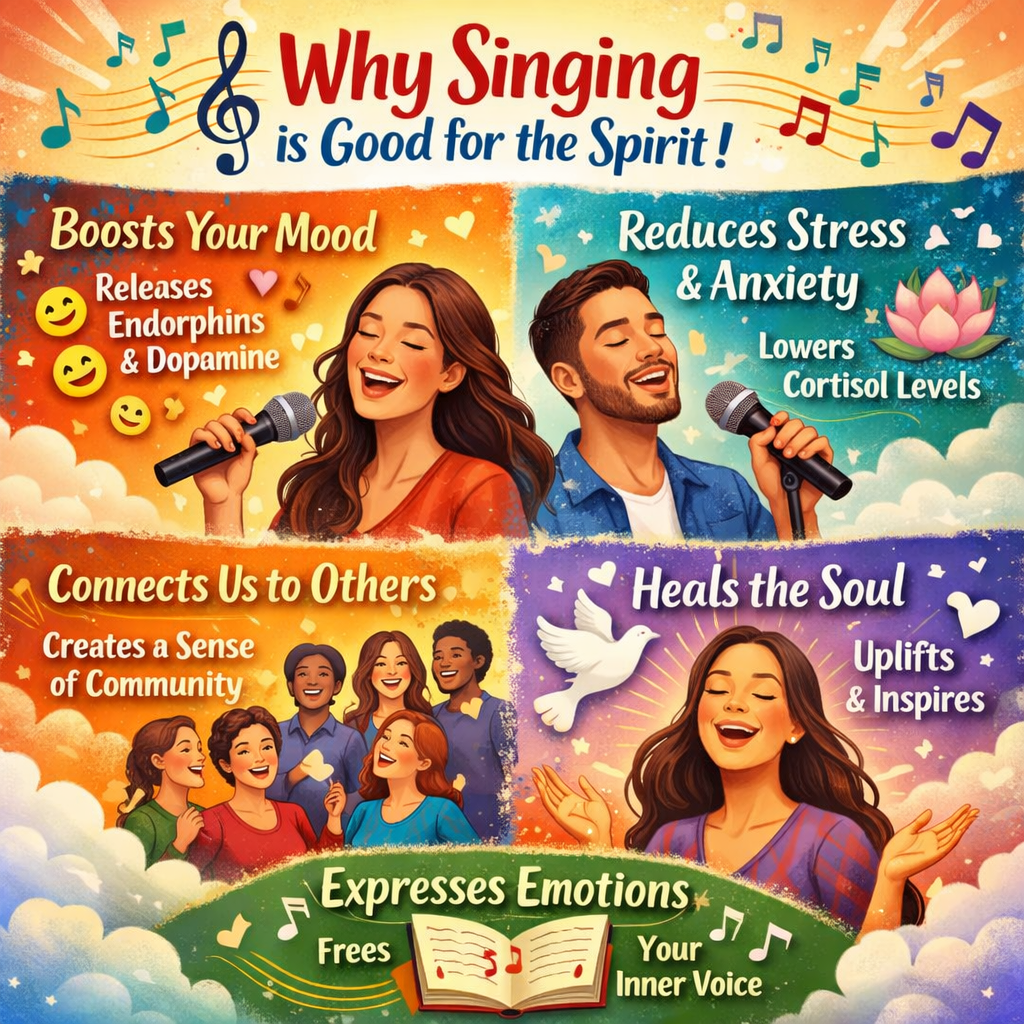 Person singing joyfully with eyes closed, feeling uplifted and relaxed, illustrating the mental, emotional, and spiritual benefits of singing for wellbeing.