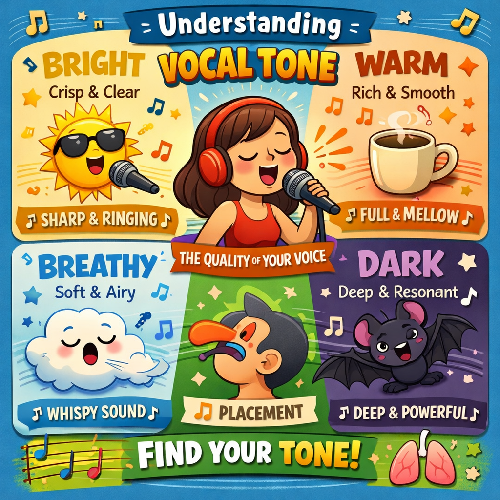 Colorful cartoon-style infographic titled “Understanding Vocal Tone” featuring a girl singing with headphones in the center. The image explains different types of vocal tone: bright (crisp and clear) shown with a smiling sun, warm (rich and smooth) with a cup of coffee, breathy (soft and airy) with a cloud, and dark (deep and resonant) with a bat. Additional elements highlight vocal qualities like sharp and ringing, full and mellow, wispy sound, deep and powerful, and voice placement, encouraging viewers to “Find Your Tone.