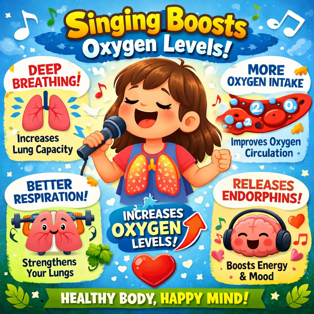 Educational cartoon-style infographic titled “Singing Boosts Oxygen Levels.” The image shows a happy child singing into a microphone with illustrated lungs glowing in the chest area to represent breathing. Surrounding graphics explain the benefits of singing, including deep breathing that increases lung capacity, improved oxygen intake and circulation, better respiration that strengthens the lungs, and the release of endorphins that boost energy and mood. Musical notes, lungs, a brain with headphones, and oxygen symbols illustrate how singing increases oxygen levels and supports a healthy body and happy mind.
