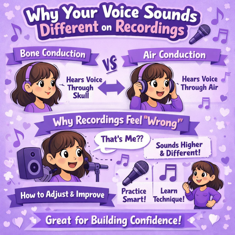 Illustrated infographic explaining why your voice sounds different on recordings, comparing bone conduction vs air conduction, with a singer using headphones and a microphone, highlighting vocal perception and confidence building.