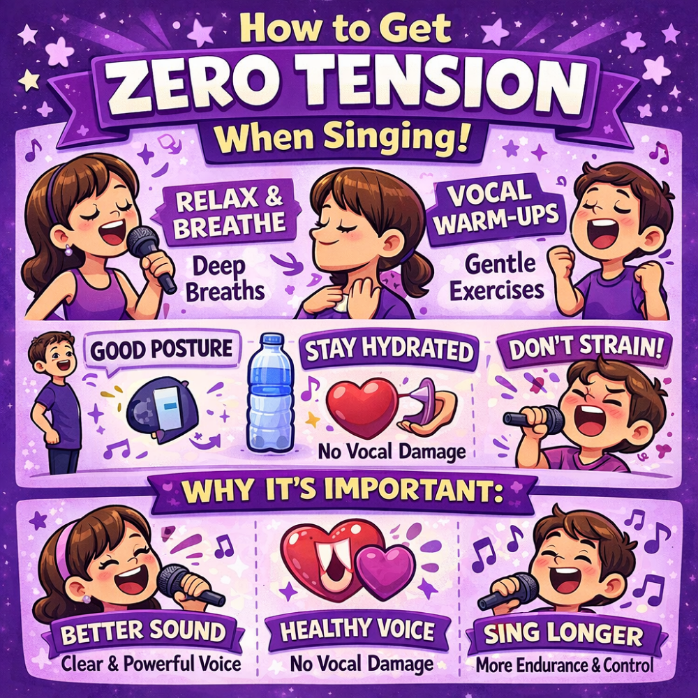 Colorful cartoon infographic titled “How to Get Zero Tension When Singing,” illustrating tips like relaxing and breathing deeply, doing vocal warm-ups, maintaining good posture, staying hydrated, and avoiding strain, with benefits including better sound, a healthy voice, and improved singing endurance.