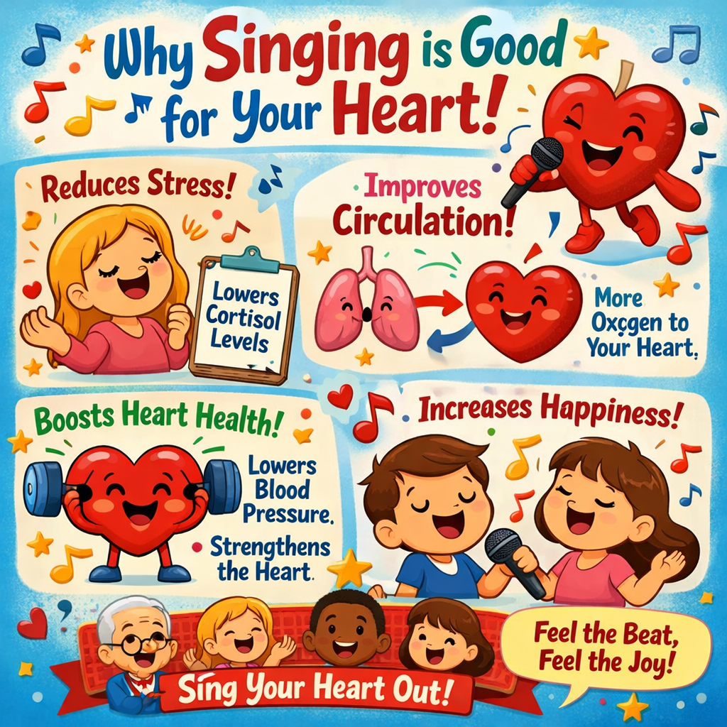 Colorful illustrated infographic titled “Why Singing is Good for Your Heart!” showing cheerful cartoon characters and musical notes. The image highlights benefits of singing: reducing stress by lowering cortisol levels, improving circulation with more oxygen to the heart, boosting heart health by lowering blood pressure and strengthening the heart, and increasing happiness. It includes smiling hearts, lungs, children singing into microphones, and a banner at the bottom reading “Sing Your Heart Out!” with the phrase “Feel the Beat, Feel the Joy!”.