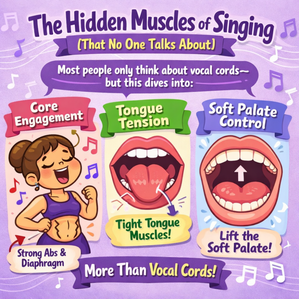 Colorful educational graphic showing the hidden muscles of singing, including core engagement, tongue tension, and soft palate control, with diagrams of the mouth and a singer demonstrating proper vocal technique.