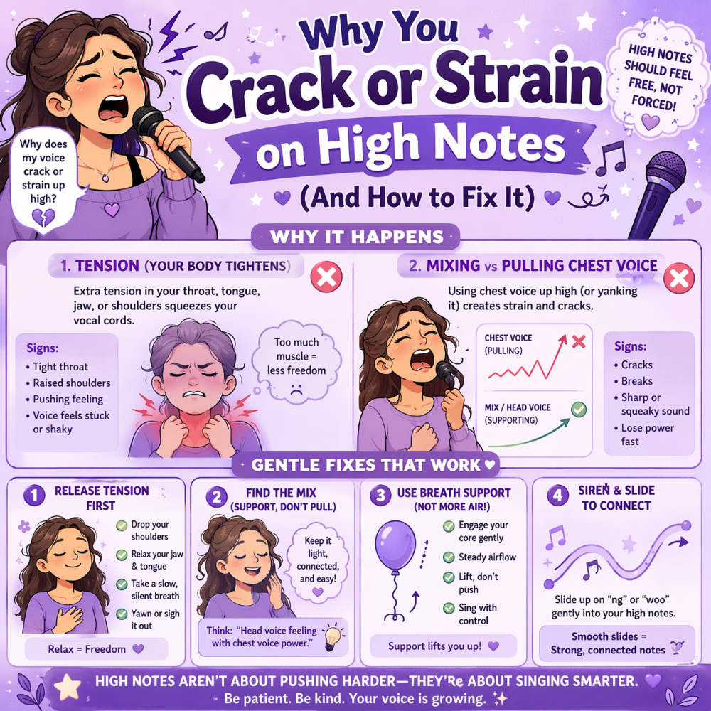 Illustrated vocal training infographic explaining why singers crack or strain on high notes, highlighting tension in the throat, improper chest voice use, and tips like breath support, mixing voice, and relaxation techniques.