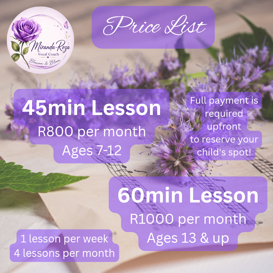 Miranda-Roza Vocal Coach singing lesson price list featuring 45-minute vocal lessons for ages 7–12 at R800 per month and 60-minute singing lessons for ages 13 and up at R1000 per month, with weekly online singing lessons focused on vocal health and technique.