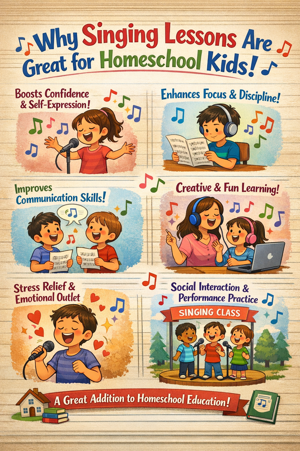 Homeschool child joyfully singing during an online vocal lesson, improving confidence, vocal skills, and creativity through professional singing lessons.