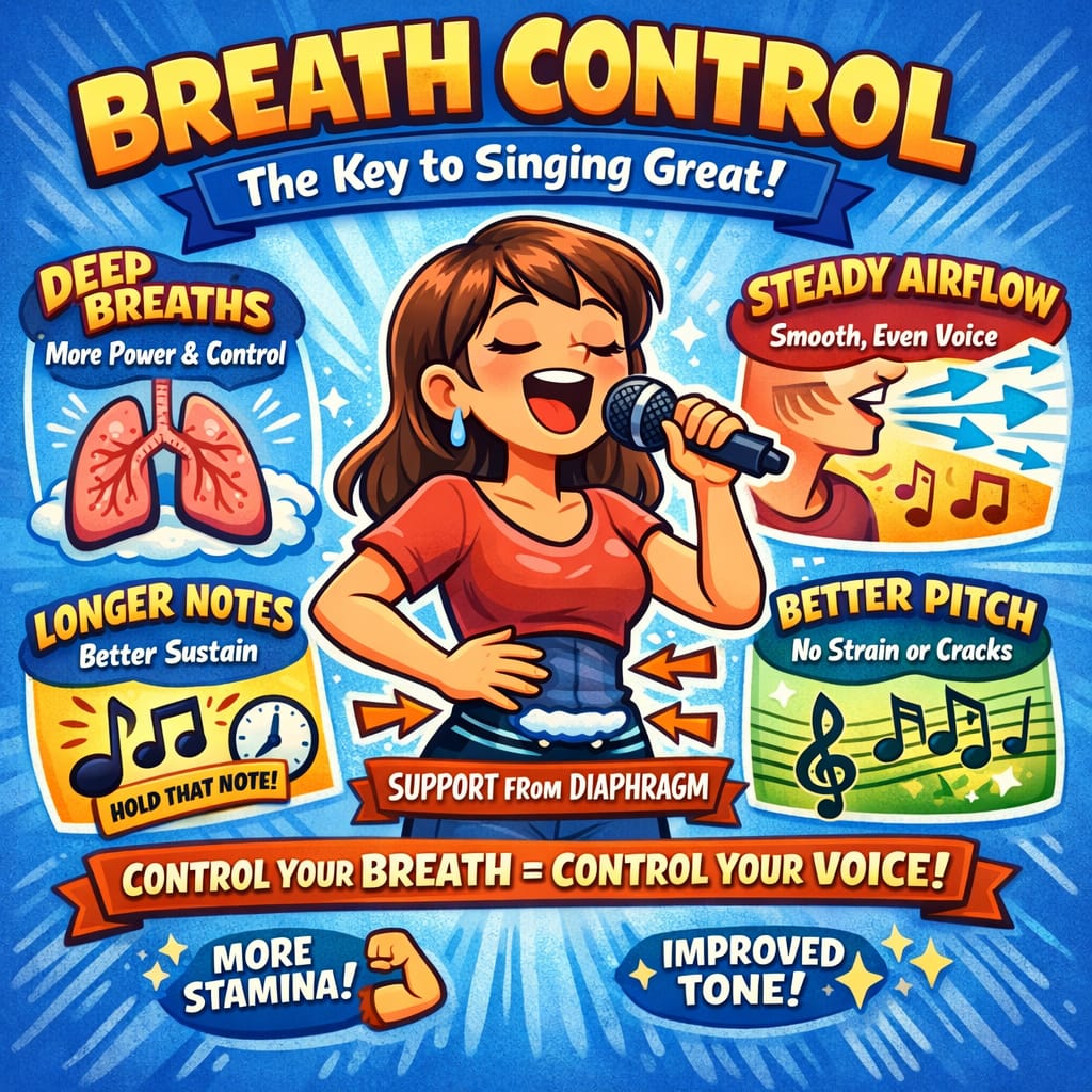 Colorful cartoon-style infographic titled “Breath Control: The Key to Singing Great!” featuring a young girl singing into a microphone while demonstrating diaphragm support. Surrounding illustrations highlight benefits of breath control, including deep breathing for power, steady airflow for a smooth voice, longer sustained notes, improved pitch, increased stamina, and better vocal tone.