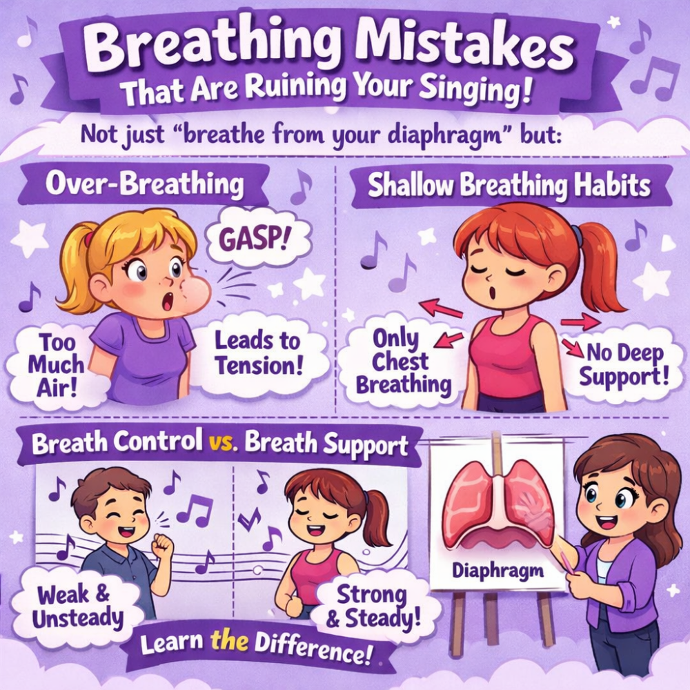 Lilac-themed educational cartoon poster titled ‘Breathing Mistakes That Are Ruining Your Singing!’ It shows two common issues: over-breathing (a girl gasping with text ‘Too much air’ and ‘Leads to tension’) and shallow breathing habits (a girl using only chest breathing with ‘No deep support’). The bottom section compares ‘Breath Control vs. Breath Support,’ showing weak, unsteady singing versus strong, steady singing. A diagram of lungs labeled ‘Diaphragm’ is included, encouraging viewers to learn the difference.