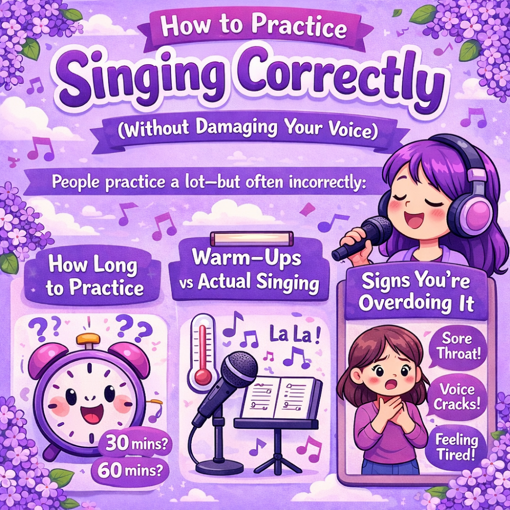 Educational singing guide infographic explaining how to practice singing correctly, including warm-ups vs actual singing, ideal practice time, and warning signs of vocal strain like sore throat and voice cracks.