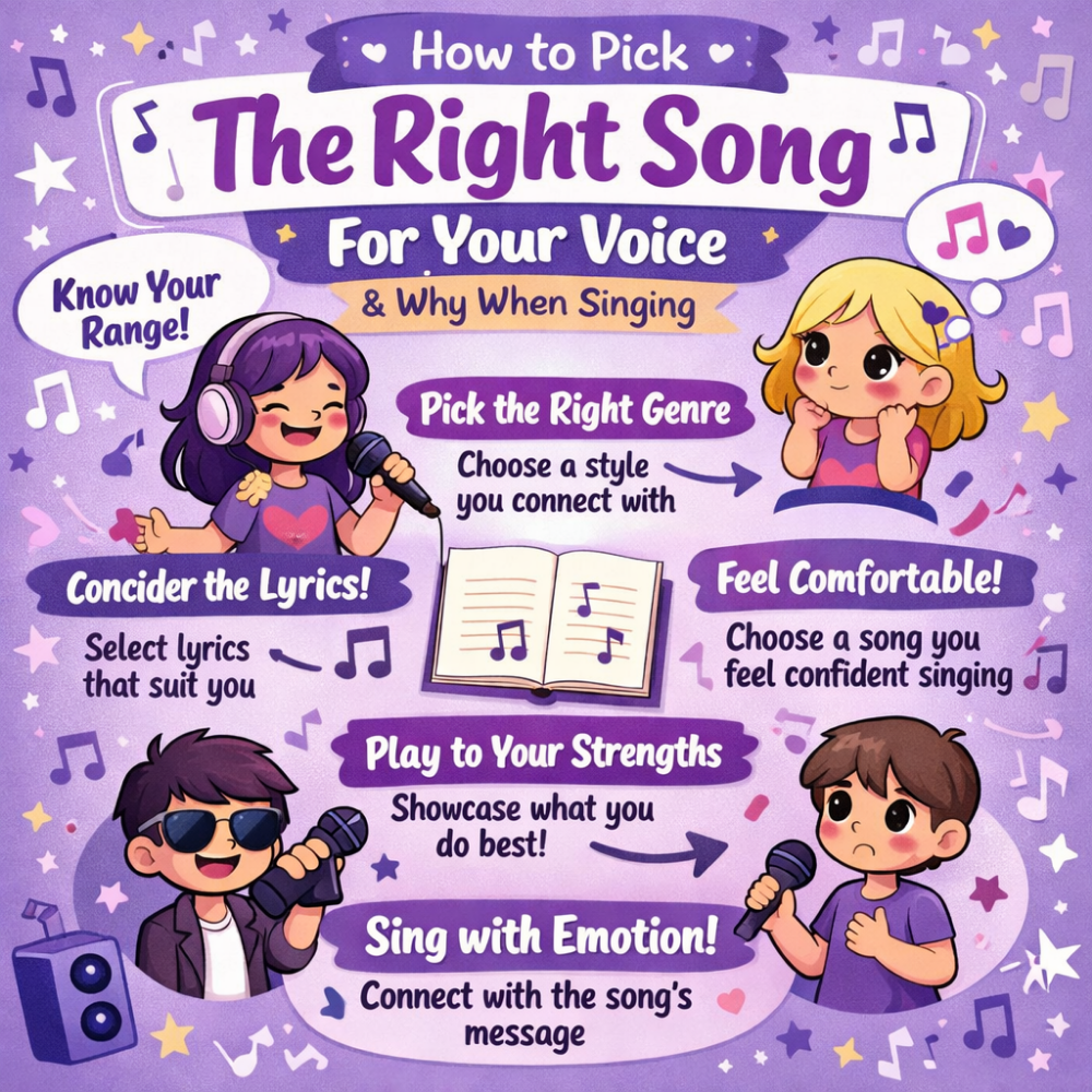 Fun infographic teaching how to choose the right song for your voice, featuring tips like knowing your vocal range, selecting the right genre, considering lyrics, singing with emotion, and building confidence through performance.