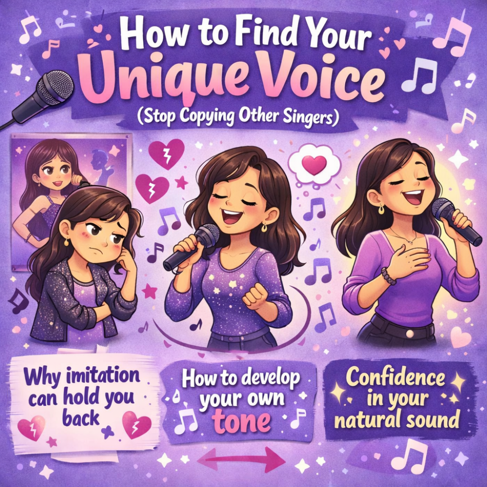 Colorful singing infographic showing how to find your unique voice, with illustrations of a singer developing confidence, avoiding imitation, and building a natural tone and personal vocal style.