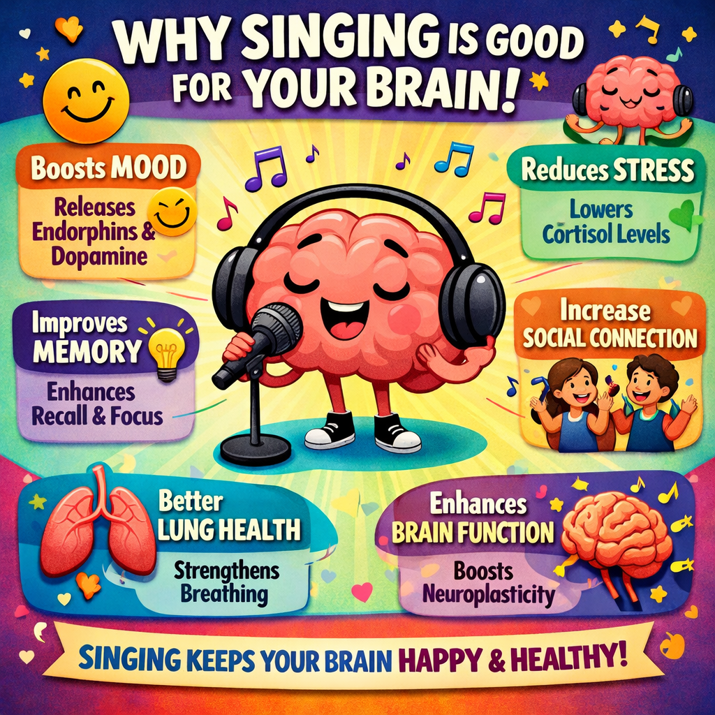 Illustration of a person singing with musical notes and a glowing brain, showing the cognitive benefits of singing for memory, focus, and mental health.