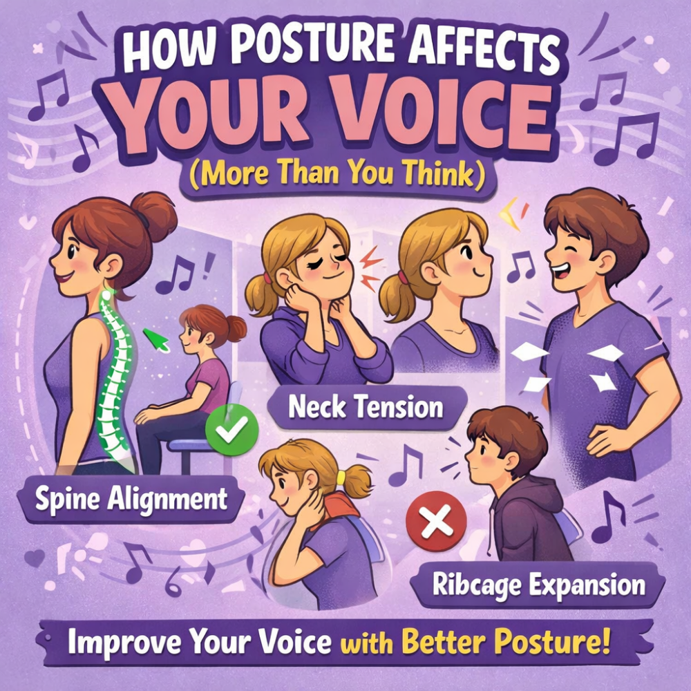 Lilac-themed educational cartoon poster titled ‘How Posture Affects Your Voice (More Than You Think).’ It illustrates correct spine alignment, neck tension, and ribcage expansion in singers. Visuals compare good upright posture with poor slouched posture, showing how alignment improves vocal strength, reduces tension, and supports better breathing for singing.