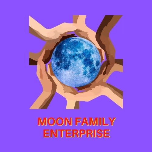 Moon Family Enterprise passive income, and residual income logo with a purple background and multi national colored hands connecting the world.