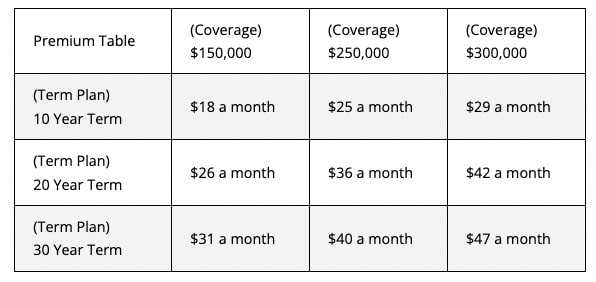 Term life insurance premium chart for rates for a 30 year old female with no physical exam.