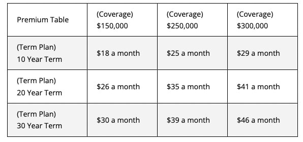 Term life insurance premium chart for rates for a 20 year old female with no physical exam.