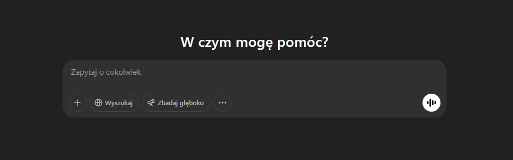 Obraz przedstawia interfejs wyszukiwarki AI z ciemnym tłem, polem do wpisywania zapytań oraz przyciskami umożliwiającymi wyszukiwanie i głębszą analizę, z pytaniem „W czym mogę pomóc?” sugerującym asystenta AI.