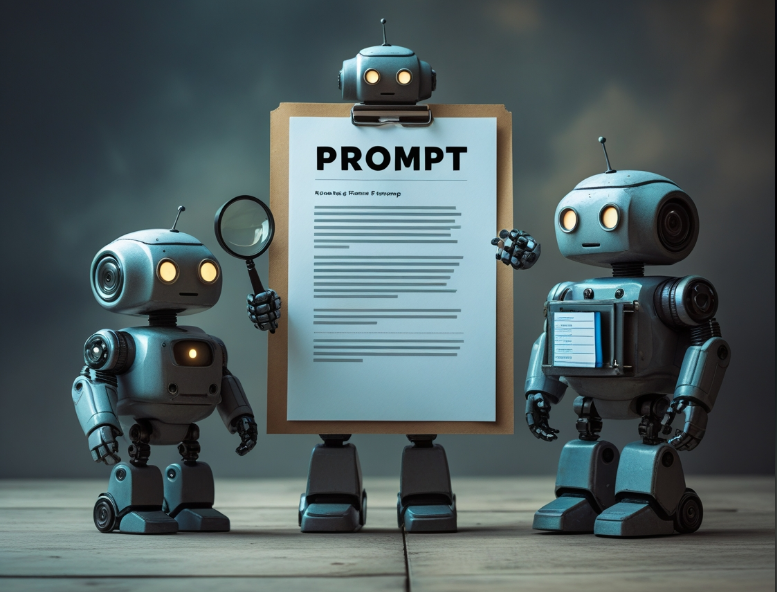 Obraz przedstawia trzy małe roboty analizujące dokument oznaczony słowem 
