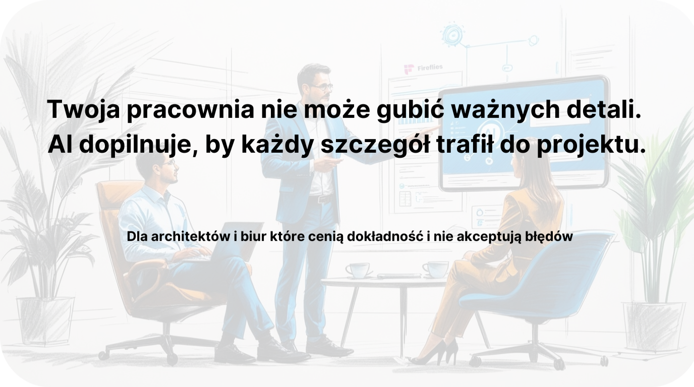 Na ilustracji widzimy mężczyznę i kobietę w biurowej scenerii, a na pierwszym planie znajduje się tekst w języku polskim promujący rozwiązanie wspierające architektów w zachowaniu dokładności i szczegółów w projektach.