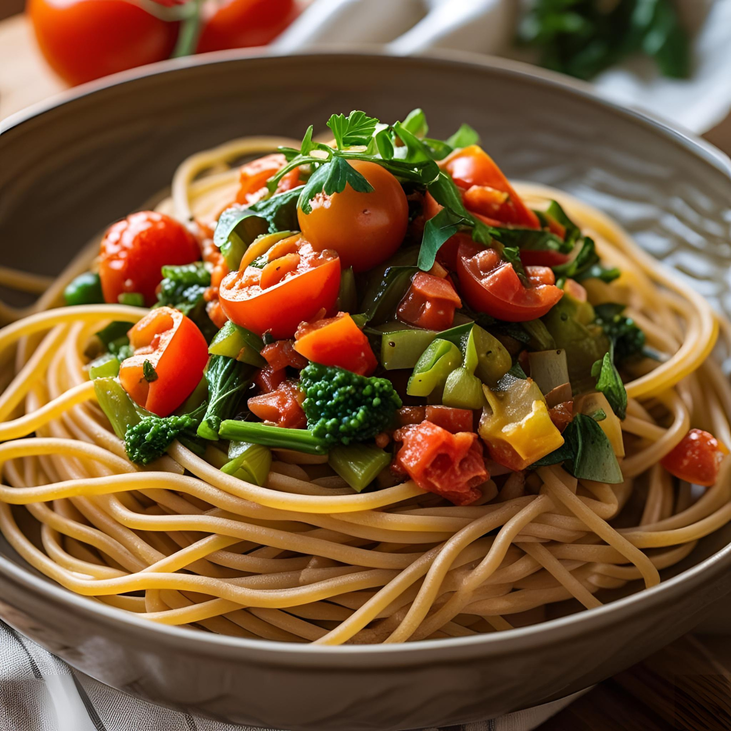 Vollkorn-Pasta mit leichter Tomaten-Gemüse-Soße