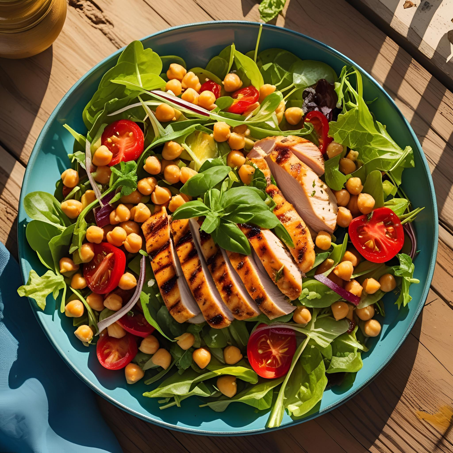 Großer Bunter Salat mit Hähnchenbrust oder Kichererbsen