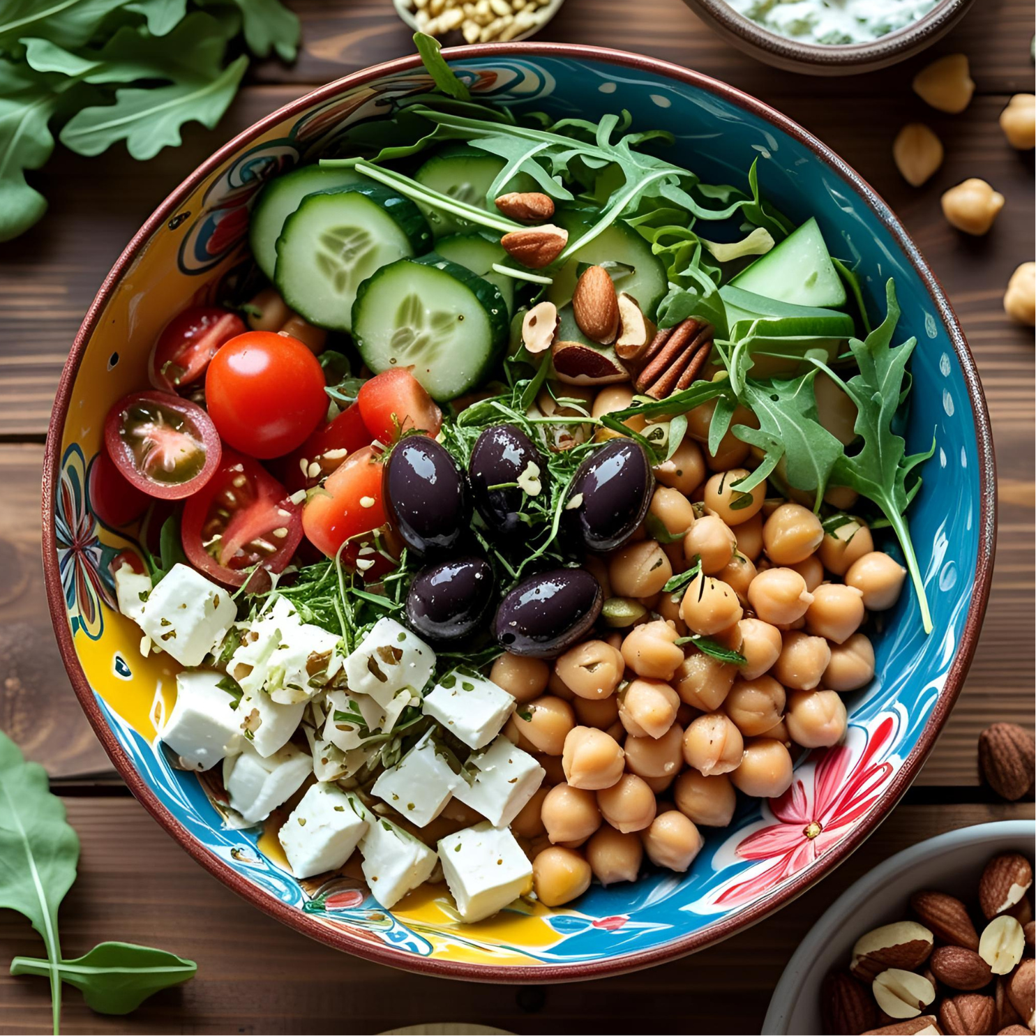 Bunte Bowl mit Kichererbsen, Feta und Oliven