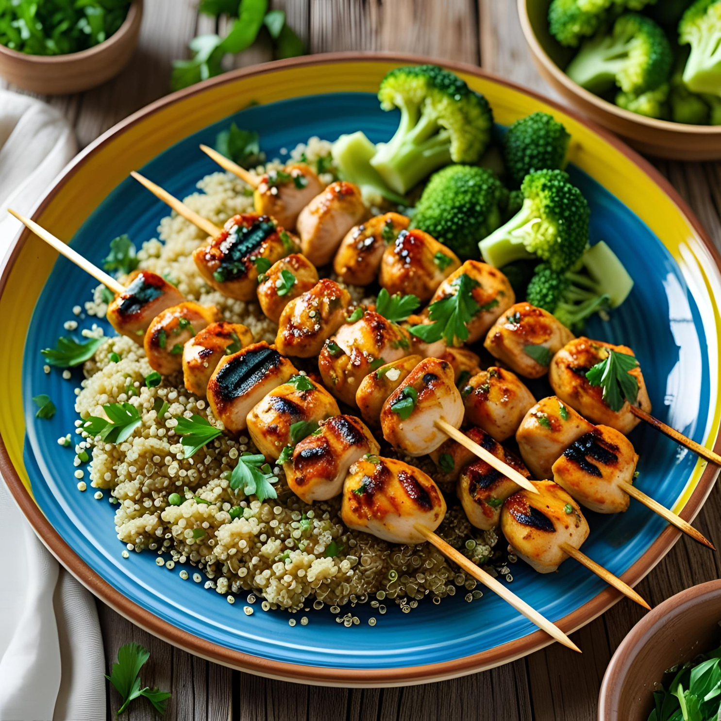 Hähnchen- oder Tofu-Spieße mit Quinoa und gedämpftem Brokkoli