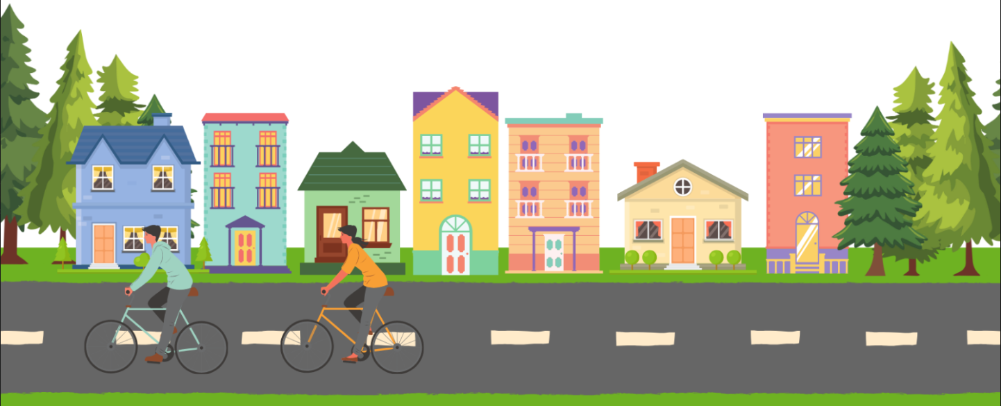 Background banner showing a row colorful houses, trees, and bicyclists on the street in front.