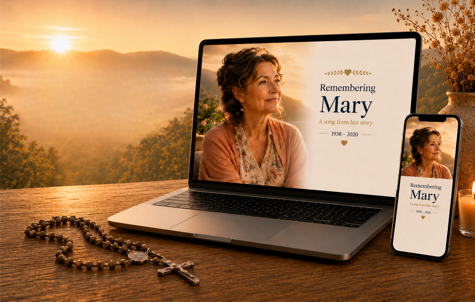 Mary's personal memorial song displayed on a laptop and phone