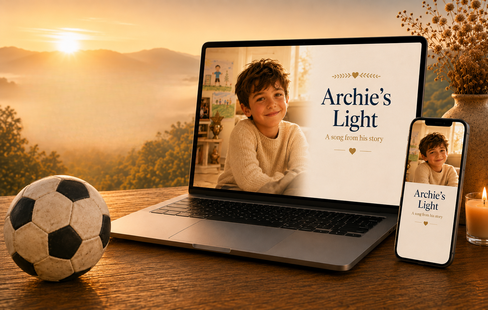 Archie's personal memorial song displayed on a laptop and phone