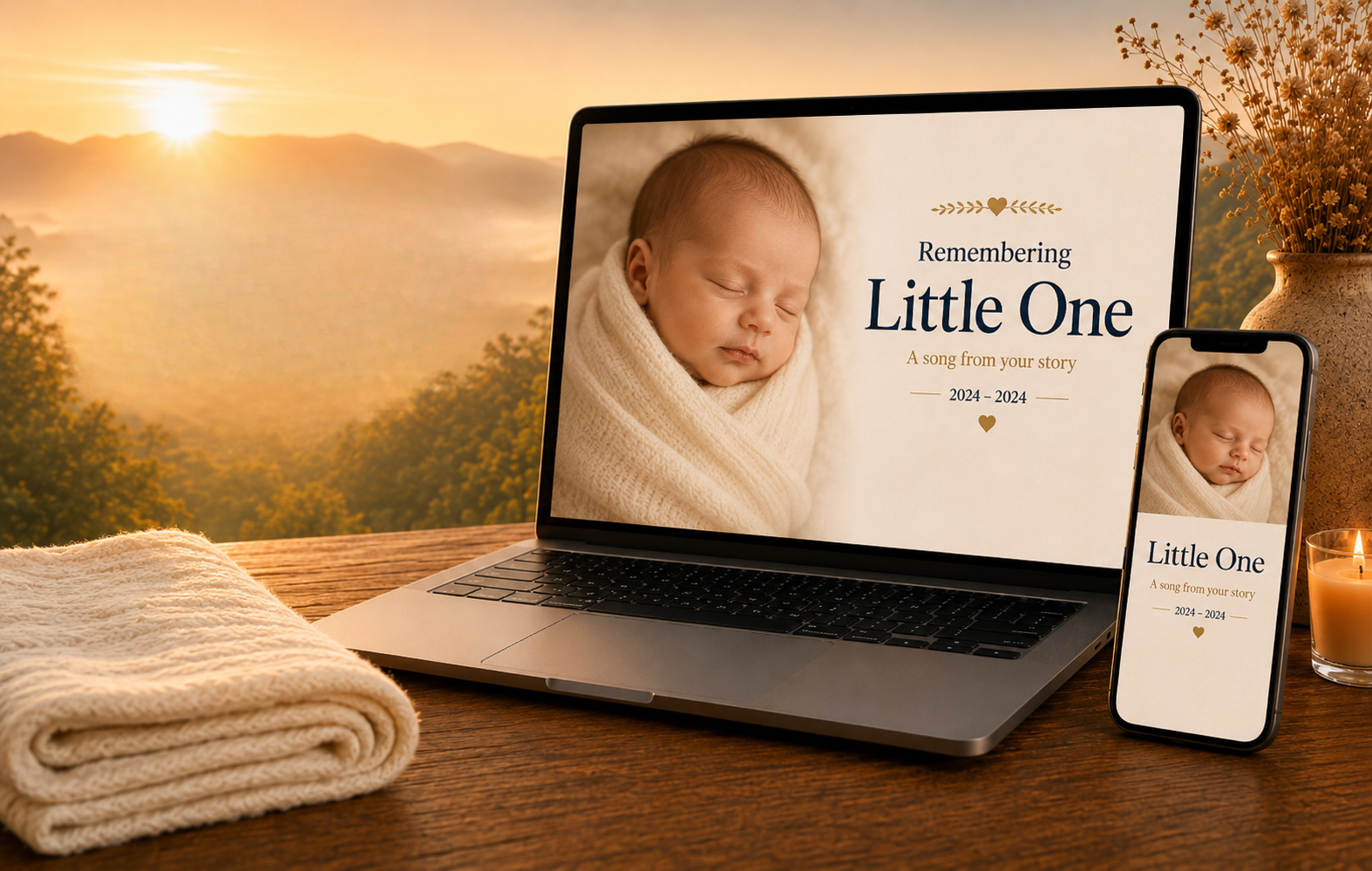 Little One's personal memorial song displayed on a laptop and phone