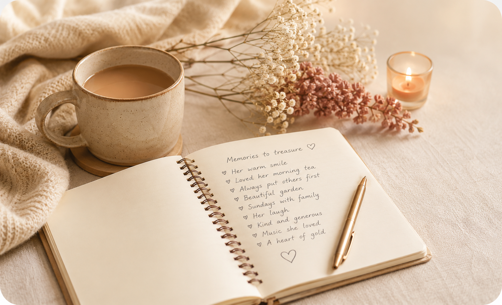 Notebook with warm memories, tea, candle and flowers