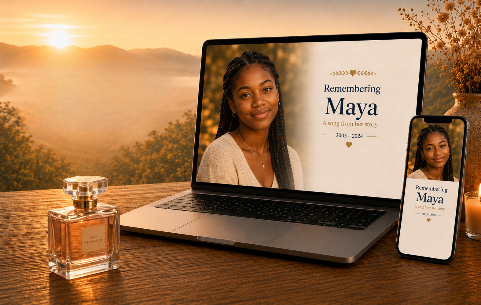 Maya's personal memorial song displayed on a laptop and phone