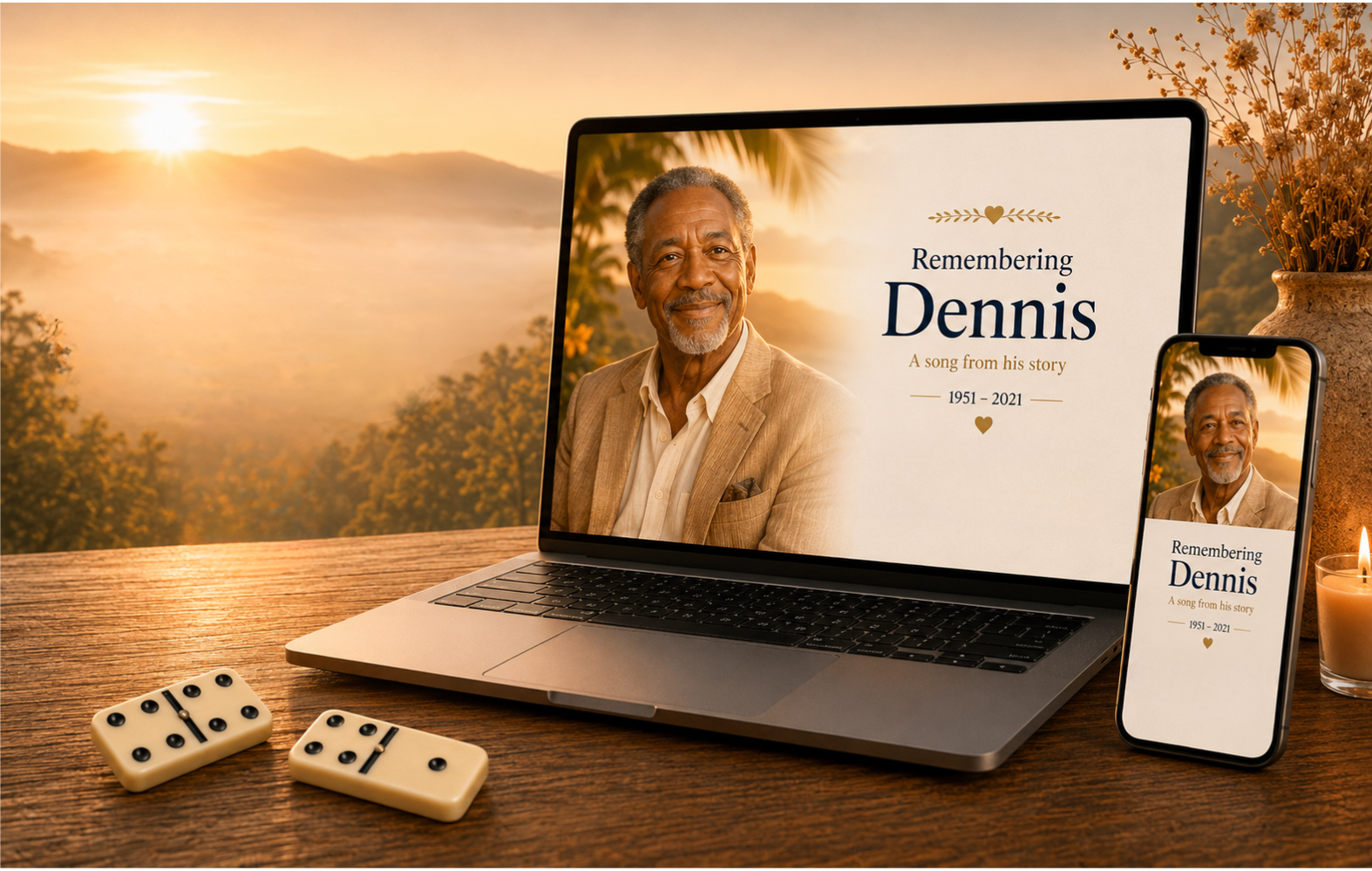 Dennis's personal memorial song displayed on a laptop and phone