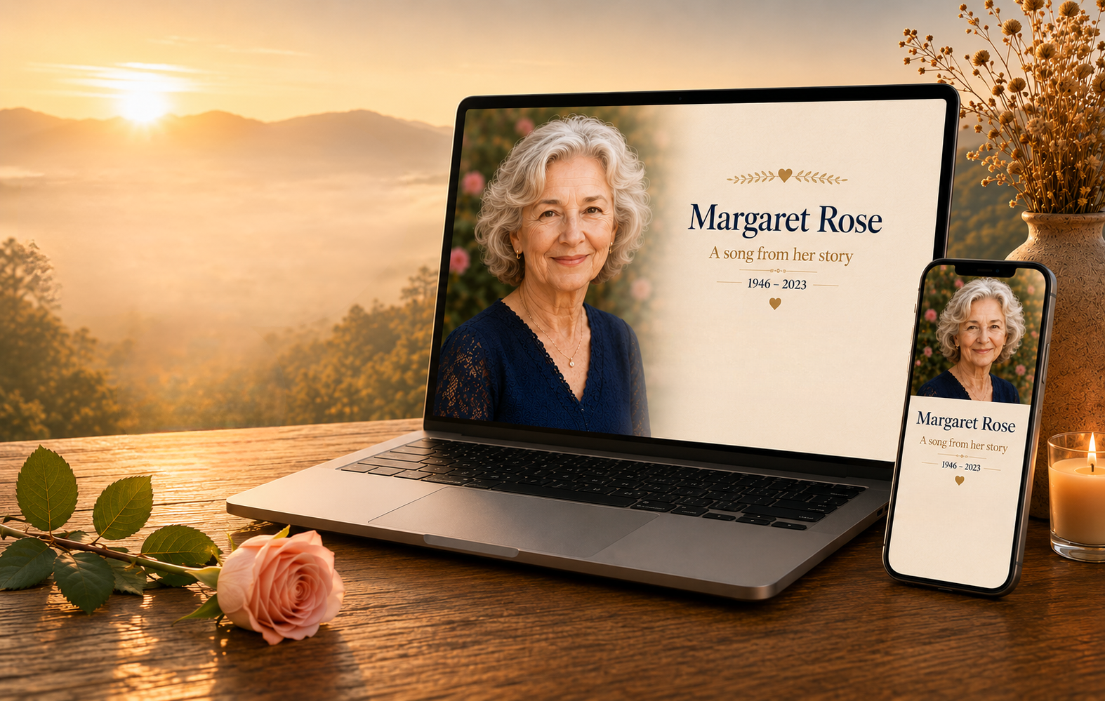 Margaret Rose's personal memorial song displayed on a laptop and phone