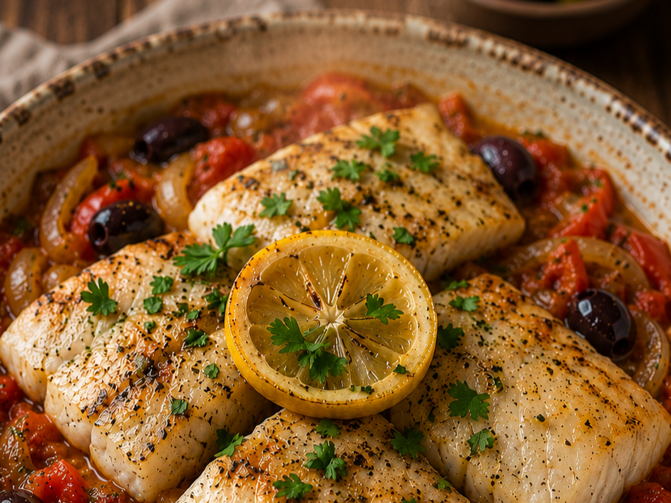 Baked Fish Plaki with Tomato and Vegetables
