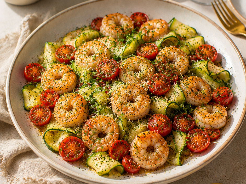 Mediterranean Shrimp & Zucchini Ribbon Skillet