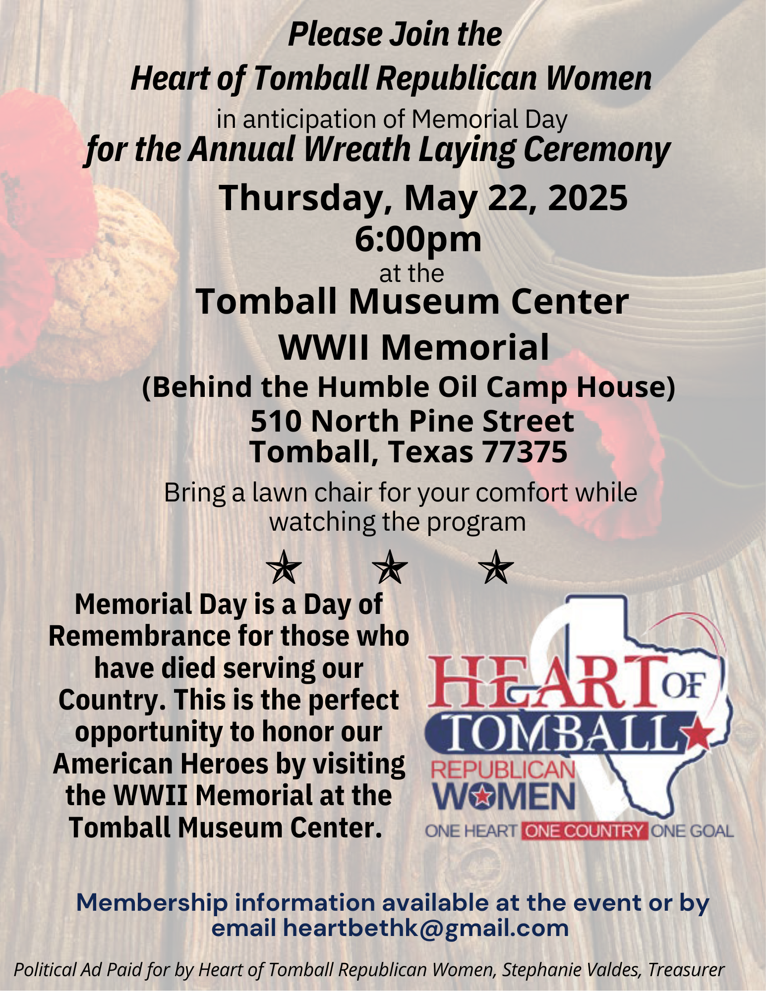 Annual Wreath Hanging Ceremony, May 22, 6PM